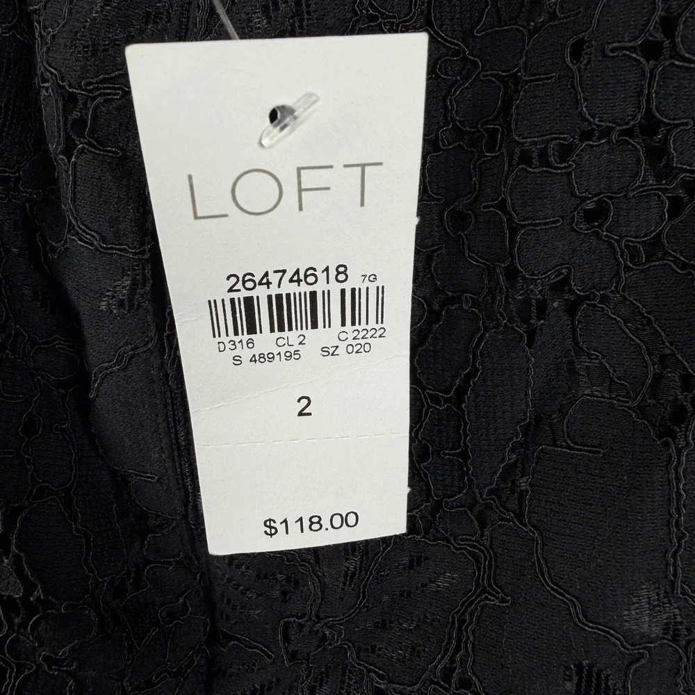 New Loft Floral Lace Detail Long‎ Sleeve Dress size 2 Black